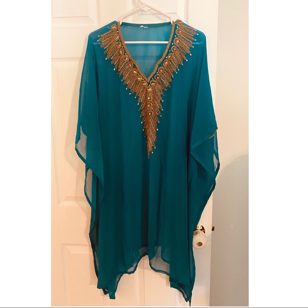 Greenish-blue sheer coverup, gold beadwork along neck and sleeve cuffs, size:S